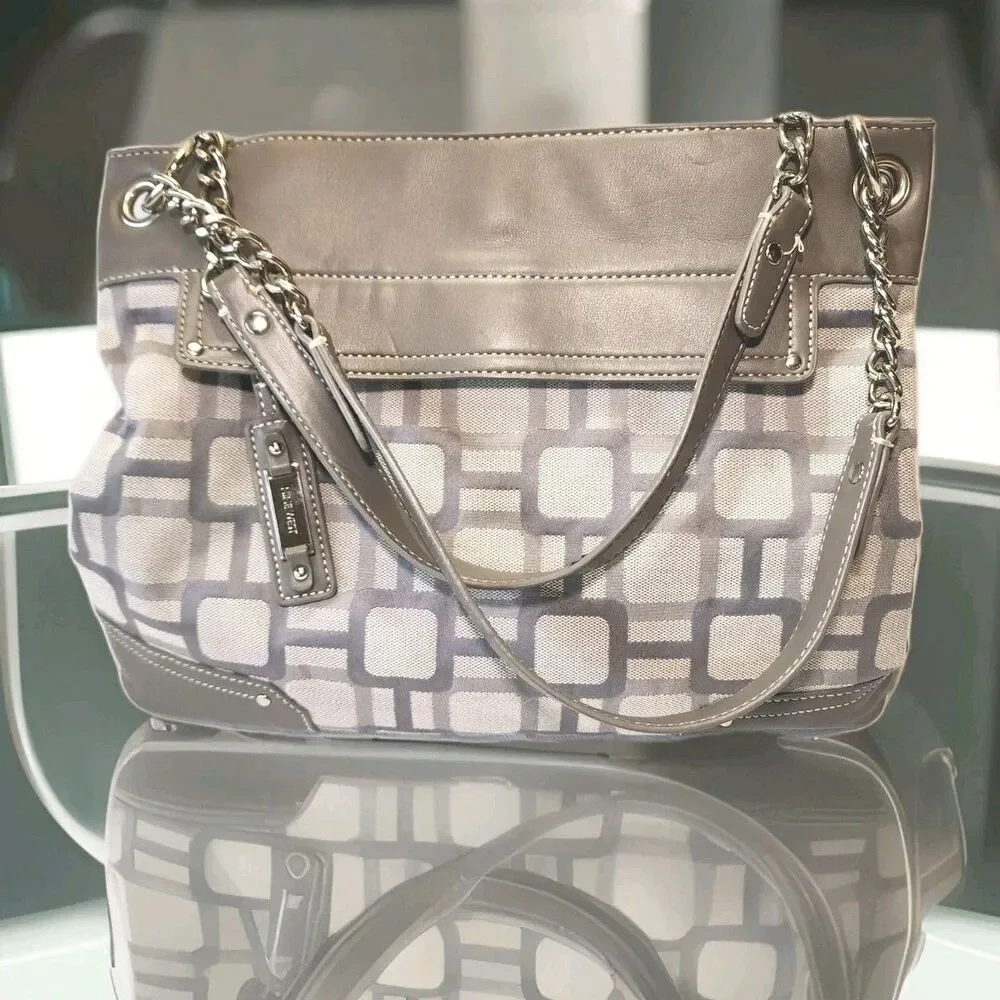 Nine West Purse Shoulder Bag Tote Geometric Blocks Platinum Gray Neutral Roomy